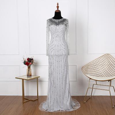 China Vintage Design Anti-Static Evening Dress Tulle Sheath Gray Beaded Floor Length Long Anti-Static Dress For Women for sale