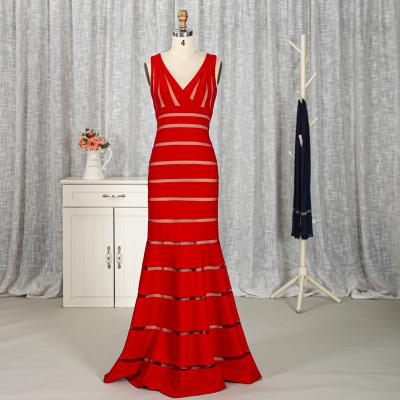 China Popular Red Striped Mermaid Design Maxi V Neckline Long V-Neckline Women Dress Anti-Static Anti-Static for sale