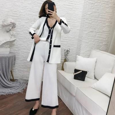 China Wholesale QUICK DRY Black and White Color Cardigan Sweater Suspender Wide-Leg Pants Women Knit Sweater Set Femme for sale