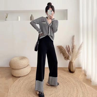 China 2023 Wholesale QUICK DRY Houndstooth Cardigan Wear Sweater High Waist Pants Slimming Stylish Knitting Suit for sale