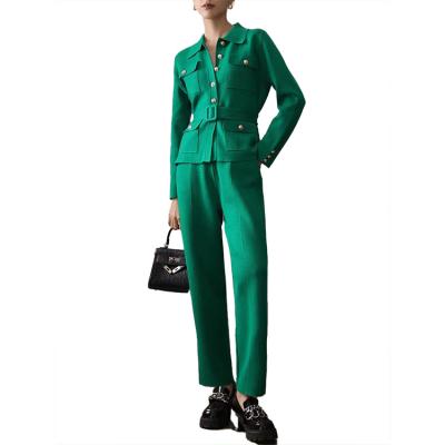 China Anti-wrinkle fashion button knitwear waist rope style women sheath long coat cardigan pants sets for sale