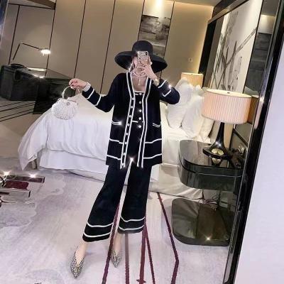 China New QUICK DRY knitted wide length pants casual loose upper 3 piece set fashion and pants set cardigan sweater for sale