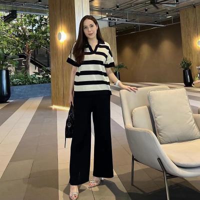 China New Fashion QUICK DRY Turn-Down Collar Stripe Tops Pure Color Long Pants Salon Casual Wear Sets Women for sale