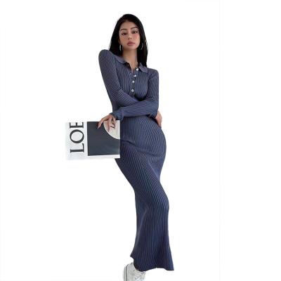 China Anti-wrinkle Plain Color Button Up Collar Women's Dresses For Special Occasions Slim Ribbed Knitted for sale