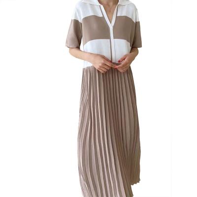 China Lapel Viable Korean Collar Style Short Sleeve Midi Dress Color Matching Knitwear Plus Size Women's Dresses for sale