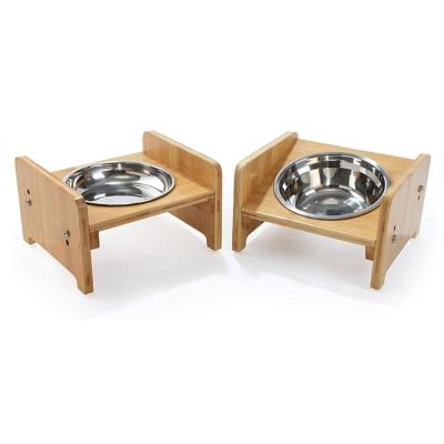 China Automatic Set of 2 Pet Raised Bowls for Cats and Dogs - Bamboo Single Tilted Raised Dog Cat Food and Water Bowls Stand Up Feeder for sale