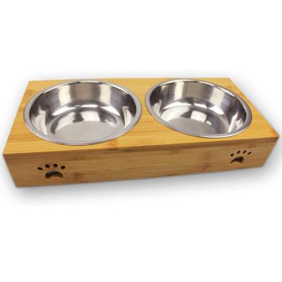 China Automatic Cat Feeding and Water Bowl Set, Feeding Dishes Suitable for Small and Medium Pets, Wooden Base Bowl with Wooden Rack for sale