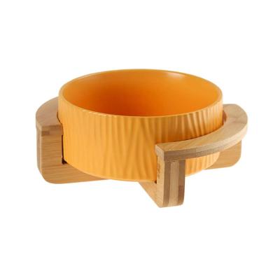 China Cat Bowl Food Water Dog Automatic Ceramic Elevated Base Bowl With Anti-Slip Wooden Stand Protect Neck Joints Pet Feeding Bowls for sale