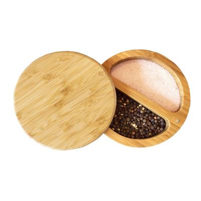 China Disposable Round Shape Bamboo Wooden Salt Box Magnetic Spice Tins Spice Jar Set Storage Box for sale