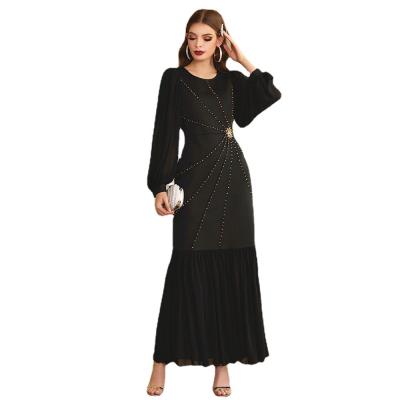 China Wholesale Muslim Kuwii Lotus Leaf Slim Skirt 2184 Stretch Slimming Lantern Gauze Sleeve Party Turkish Abaya Women Black Evening Dress for sale