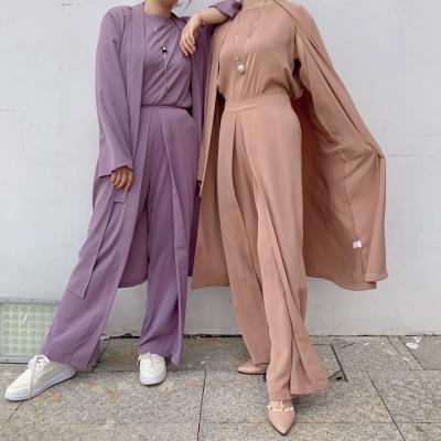 China Polyester81%-90% kuwii 3176 solid color dubai three piece suit turkish abaya set women abaya clothing muslim abaya islamic kimono for sale