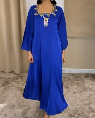 China 2152 polyester kuwii dubai muslim abaya Southeast Asian blue women muslim long dress with square jilbab collar and diamonds abaya for sale