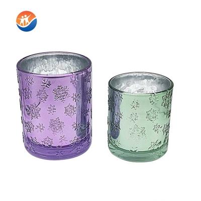 China Fashional Religious Activities Spray Technology Outside Glass Candle Holder Plating Embossed Pattern Glass Candle Jar for sale