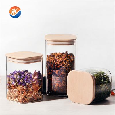 China Eco-freindly 600ml 1000ml 1400ml High Quality Square Shape Jar Borosilicate Glass Food Container Glass Food Jar With Bamboo Lid for sale