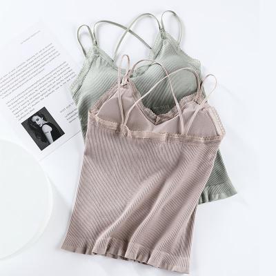 China Breathable Latex Lace Shoulder Waistband Slim Back Suspender Vest Modal One-Piece Vest With Chest Pad Women's Underwear for sale