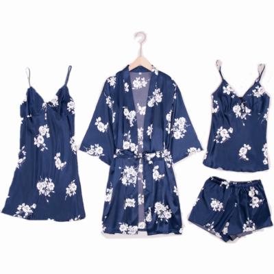 China QUICK DRY Best Selling 4 Piece Sleepwear Set Printed Long Robe Women's Pajamas Tops And Pants Pajamas for sale