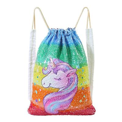 China Recycle Stylish Rainbow Colorful Gradient Unicorn Children Nylon Drawstring Backpack Customized Wholesale for sale