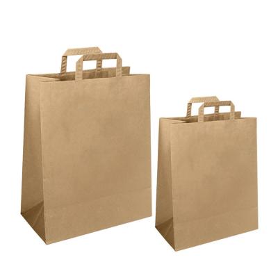 China Bolsa de papel Kraft de logotipo personalizado Bolsas de papel marrón recicladas bolsas de papel para llevar bolsas de papel para alimentos Embalaje con asas planas en venta