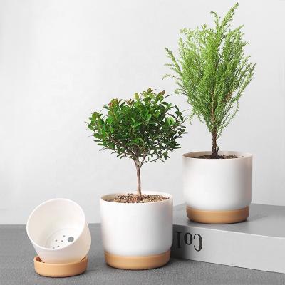 China Simple and clean style northern cyliner form plastic flower pot with tray set creative succulent flowerpot for sale