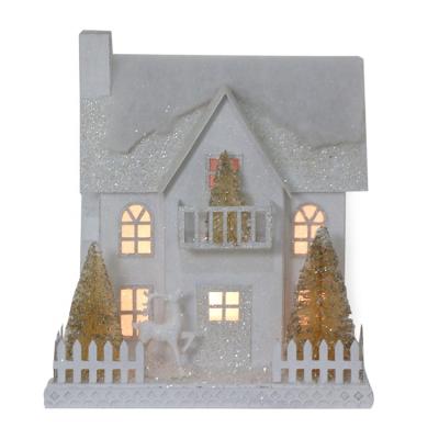 China 100% SOTE Christmas Paper House with LED Light Decoration 23*18*26 cm Christmas Village with Christmas Tree and Deer for sale