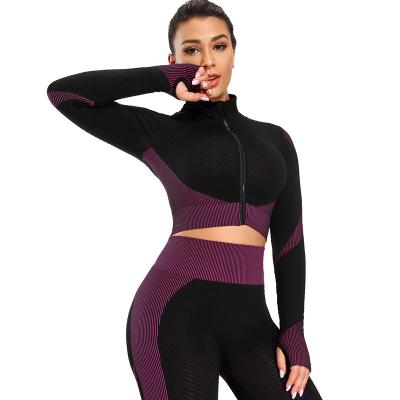 China Breathable Workout Leggings 2pcs Sets Gym Wear Ombre Seamless Yoga Set Seamless Long Sleeve Crop Top Fitness for sale