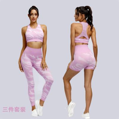 China New Breathable Women Summer 3pcs Seamless Sets Set Camouflage Gym Clothings Print Workout S471 for sale