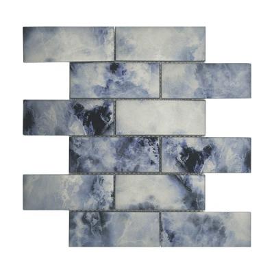 China Modern Metallic Iron Blue Digital Printing Blue Rusty Metro Glass Mosaic Wall Tiles For Subway Bathroom Kitchen for sale