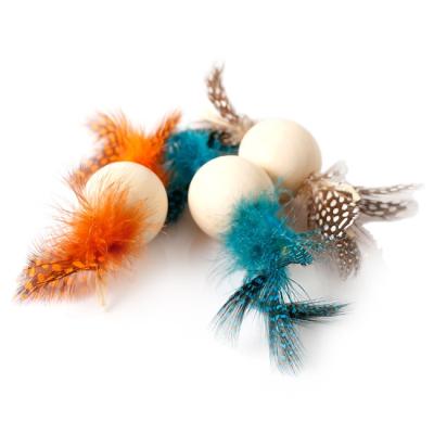 China Sustainable Hot Selling Optimum Quality Double Head Colorful Feather Interactive Pet Toys Wooden Ball for sale