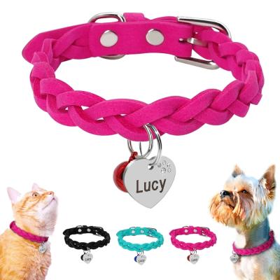 China Custom Padded Puppy Kitten Braided Collars With Bell by Cat Collar Suede Leather Personalized Dog for sale