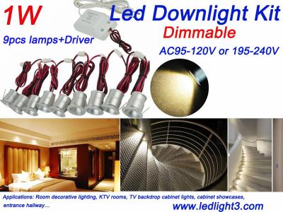 China 9PCS 1W Mini LED Down Light + Driver Kit Dimmable Indoor Recessed showcase spotlight decorative lighting for sale