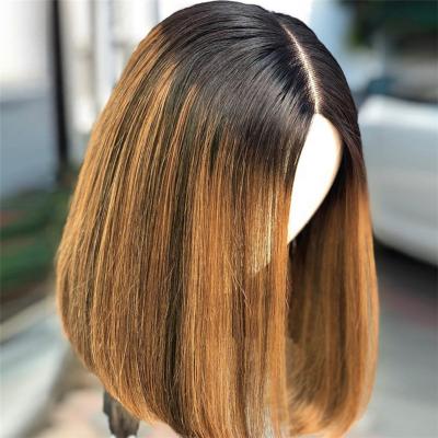 China Silky Straight Lace Front Blunt Cut Bob Hair Wig Honey Blonde 1b/27 Wave Highknight Ombre Color Bob Wigs 13*4 for sale