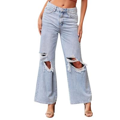 China QUICK DRY 2023 European and American knee hole jeans women's straight leg light washed pants for sale