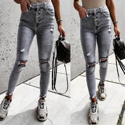 China QUICK DRY Europe and USA women's jeans slim-fit cut holes baggy jeans for Women trousers factory in stock for sale