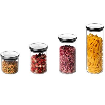 China Sustainable High Quality Straight Transparent Glass Jar Lids Cylinder Round Glass Jar Stainless Steel for sale