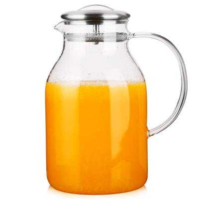 China Sustainable Glass 2L Jug With Stainless Steel Lid Jug For Hot Water Cold Water And Juice Beverage for sale