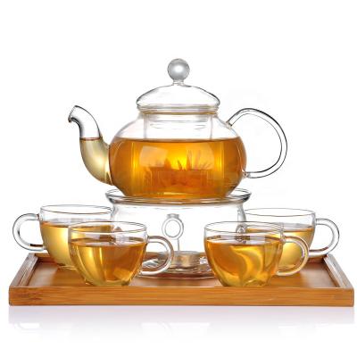 China Sustainable High Quality Handmade Tea Set Borosilicate Glass Heat Resistant Glass Teapot Set With Cups And Tray for sale