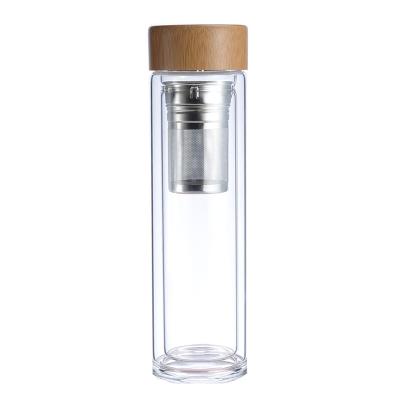 China Sustainable Hot Sale Bamboo Lid Glass Water Bottle With 304 Stainless Steel Strainer for sale