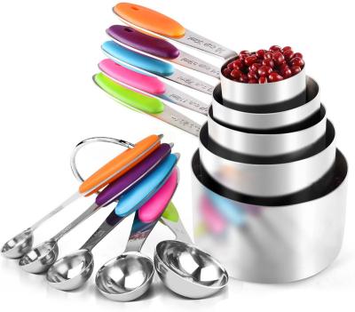 China Viable Amazon Sells Kitchen Tools 10 Pcs Colorful Silicone Handle Measuring Cups Stainless Steel Measuring Cups And Spoons for sale