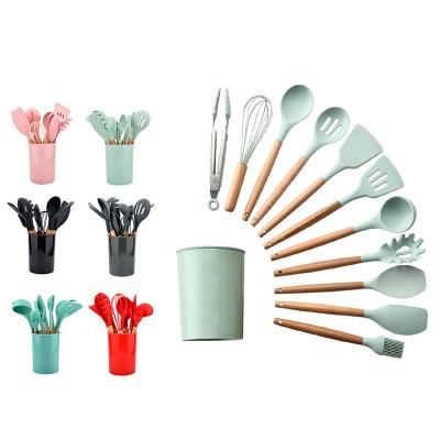 China Sustainable Multifunctional Cooking Tool Kit Wooden Handle Cooking Utens 12PCS Silicone Kitchen Utensil Set Cooking Utensils Silicone for sale