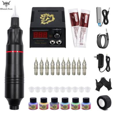 China Tattoo Shop GhostAxe Tattoo Machine Pen Kit With Power Supply 10pcs Tattoo Needles Cartridges Tattoo Supplier for sale