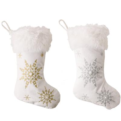 China Polyester 2021 New Christmas Decor Pearl Snowflake Christmas Socks For Decoration Plush Gift Socks for sale