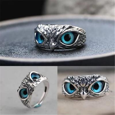 China Hot Sale FASHIONABLE Owl Ring New Ancient Silver Blue Amazon Eyes Demon Evil Eyes Metal Ring Manufacturers Wholesale Jewelry For Women for sale