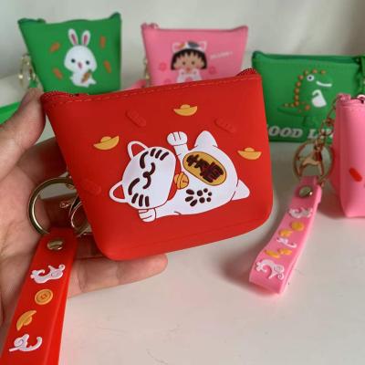 China Fashion Hot Selling Cute Women Silicone Zippered Pocket Mini Lucky Cat Coin Purse Change Keychain for sale