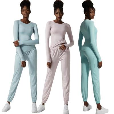 China New Arrivals Spring Breathable Soild Women Color Mesh Patchwork Clothing Long Sleeve Sports Elastic Waisted Workout Pants Yoga Set Top for sale