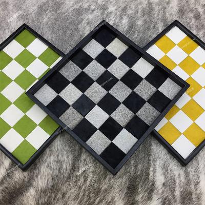 China Pony Hair Leather Dish Genuine Leather Black And White Chessboard In Top Class Hotel Chessboard Hotel Decoration for sale