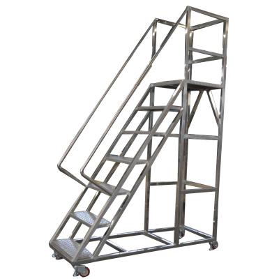 China Food Grade Safety Warehouse Stainless Steel Platform Ladder Mobile Rolling Rising Ladder with Handrails and Wheels for sale