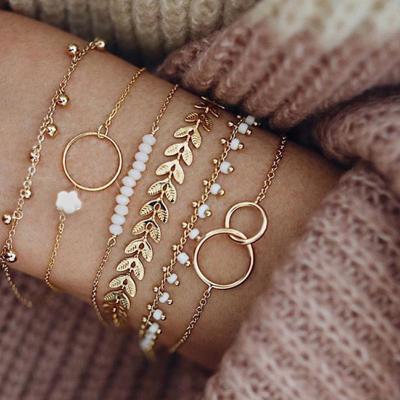 China Retro 2022 Leaf Multilayer Stacked Flower Chain Women's Fishbone Bracelet Women's Retro Style Circle Women's Bracelet 6 Sets for sale