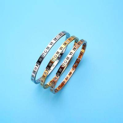 China Steel Zircon Roman Numeral Diamond Korean Women's Fashion Jewelry Wholesale Digital Hollow Titanium Bangle Bracelet for sale