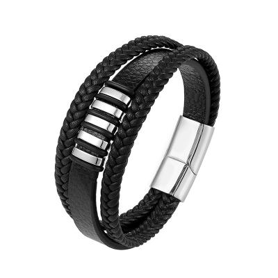 China Wholesale Stainless Steel Explosive Men's Style Men's Bracelet Jewelry Leather Bracelet Fashion Multilayer Woven Geometric Bracelet for sale