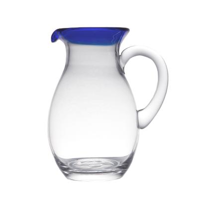 China Sustainable MEXICAN GLASSWARE Artisan Crafted Hand Crafted Recycled Aruba Blown 56 oz. Glass jug with cobalt blue rim for sale